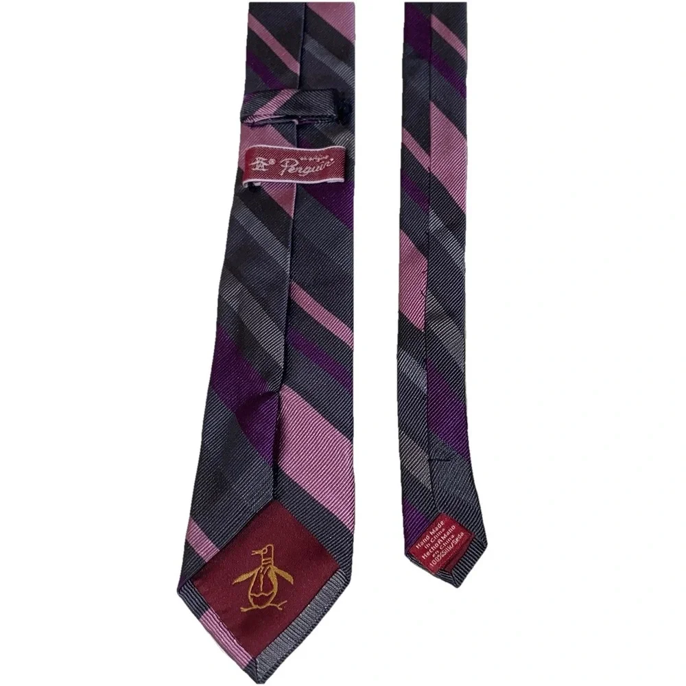 Penguin [ Slim Tie ] Men's 100% Silk‎ Necktie Purple/Pink&Gray 56